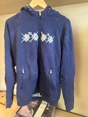 Navy Hemp/Cotton Mesh Zip-Up Hoodie with Geometric Embroidery